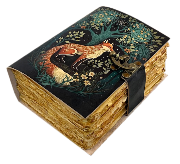 Large Fox Vintage Handmade leather Journal, Grimoire Fat journal Blank spell book of shadows Christmas Celestial Gifts For Him Her